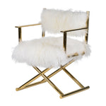 Benzara Metal Directors Chair with Faux Fur Upholstery, Gold and White