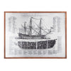 Benzara Antique Ship Blue Print with Wooden Frame, Brown and Silver