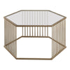 Benzara Mirrored Top Hexagon Coffee Table With Vertical Line Metal Base, Champagne & Clear