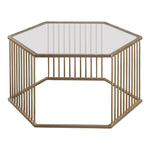 Benzara Mirrored Top Hexagon Coffee Table With Vertical Line Metal Base, Champagne & Clear