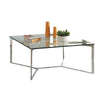 Benzara Square Glass Top Coffee Table with Geometric Base, Silver and Clear