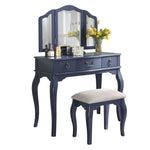 Benzara 3 Piece Wooden Vanity Set with Foldable Panel Mirror, Blue and Gray