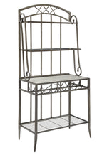 Benzara Metal Bakers Rack with Four Spacious Shelves and Wine Bottle Holder, Gray and Brown