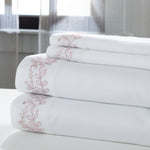 Turin 4 Piece Full Size Leaf Hem Cotton Sheet Set The Urban Port, Pink and White