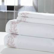 Turin 4 Piece Full Size Leaf Hem Cotton Sheet Set The Urban Port, Pink and White