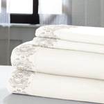 Cannes 4 Piece Full Size Paisley Hem Cotton Sheet Set The Urban Port, White and Beige