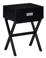 Benzara Wooden End Table with 1 Drawer and X Frame Legs, Black and Silver