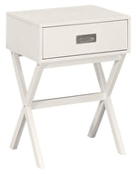 Benzara Wooden End Table with 1 Drawer and X Frame Legs, White and Silver