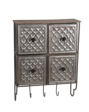Benzara Rustic Style 4 Drawer Metal Wall Decor with Hooks, Brown and Silver