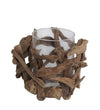 Benzara Organic Wooden Root Candle Holder with Glass Hurricane,Brown and Clear