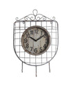 Benzara Iron Wall Clock with 3 Hooks and Scrollwork Details, White and Gray