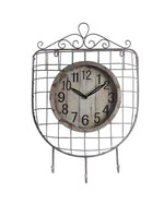 Benzara Iron Wall Clock with 3 Hooks and Scrollwork Details, White and Gray