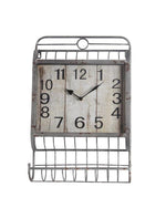 Benzara Traditional Style Square Iron Wall Clock with Basket,Gray and White