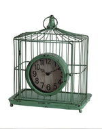 Benzara Bird Cage Iron Table Clock with  Ring Handle, Green and White
