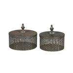 Benzara Rustic Pierced Metal Box with Lidded Finial Top, Set of 2, Gray