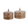 Benzara 2 Piece Decorative Pierced Metal Box Set with Lidded Finial Top, Gold