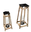 Benzara 2 Piece Flared Wood and Metal Lantern Set with Glass Hurricane, Brown