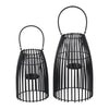 Benzara 2 Piece Slated Design Metal Lantern Set with Glass Hurricane, Black