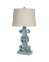 Benzara Carved Wooden Table Lamp with Fabric Empire Shade, Blue and Beige