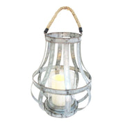 Benzara Cage Design Metal Bellied Candle Holder with Rope Handle, Silver