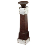 Benzara Wooden Pedestal Candle Holder with Aluminum Patchwork, Silver and Brown