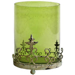Benzara Traditional Style Glass Candle Holder with Scrolled Metal Stand, Green