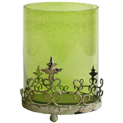 Benzara Traditional Style Glass Candle Holder with Scrolled Metal Stand, Green
