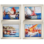 Benzara Modern Style Metal Frames with Boat Scene Paintings, Set of 4, Silver