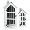 Benzara Wooden Lantern with House Type Design and Side Glass Panes, Set of 2, White