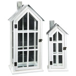 Benzara Wooden Lantern with House Type Design and Side Glass Panes, Set of 2, White