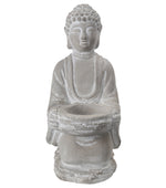 Benzara Kneeled Cement Buddha Figurine with Front Candle Holder, Gray