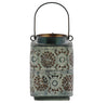 Benzara Square Shape Metal Lantern with Pierced Floral Design and Handle, Gray