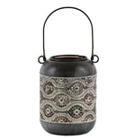 Benzara Cylindrical Shape Metal Lantern with Pierced Floral Design, Gray