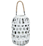 Benzara Wooden Lantern with Octagonal Cut Out and Rope Hanger, Medium, White
