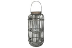 Benzara Wooden Caged Decorative Lantern with Glass Hurricane, Large, Gray