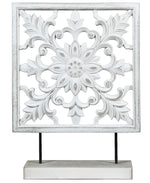 Benzara Square Wooden Accent Decor with Floral Cut Outs, White