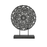 Benzara Round Wooden Accent Decor with Floral Cut Out Details, Black