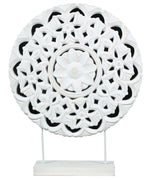 Benzara Round Wooden Accent Decor with Floral Cut Out, White