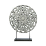 Benzara Round Wooden Accent Decor with Floral Cut Out, Gray