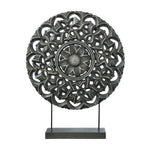 Benzara Round Wooden Accent Decor with Floral Cut Out, Black