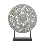 Benzara Round Wooden Frame Accent Decor with Intricate Floral Cut Out, Gray