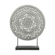 Benzara Round Wooden Frame Accent Decor with Intricate Floral Cut Out, Gray