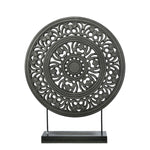 Benzara Round Wooden Frame Accent Decor with Intricate Floral Cut Out, Black