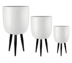 Benzara Round Cup Shaped Planter with Tripod Tapered Legs, Set of 3,White and Black