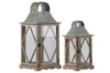 Benzara House Shaped Wooden Lantern with Glass Inserts, Set of 2,  Brown and Gray