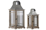 Benzara House Shaped Wooden Lantern with Glass in Set, Set of 2, Brown and Gray