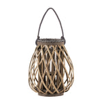 Benzara Glass Hurricane Bellied Lantern with Braided Rope, Small, Brown and Clear