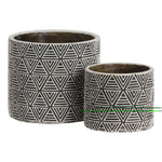 Benzara Round Cement Pot with Embossed Triangle Design, Set of 2, Black and White