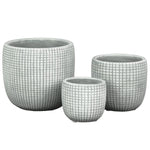 Benzara Round Cement Pot with Textured Square Lattice Engraving, Set of 3, Gray