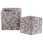 Benzara Square Cement Pot with Embossed Hexagonal Design, Set of 2, Washed Gray